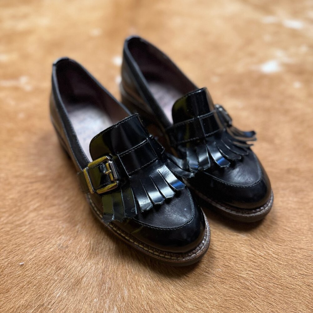 Wonders Black Leather Fringe Loafers Women’s Size 36 Chunky Sole Lug Heel - Picture 8 of 9